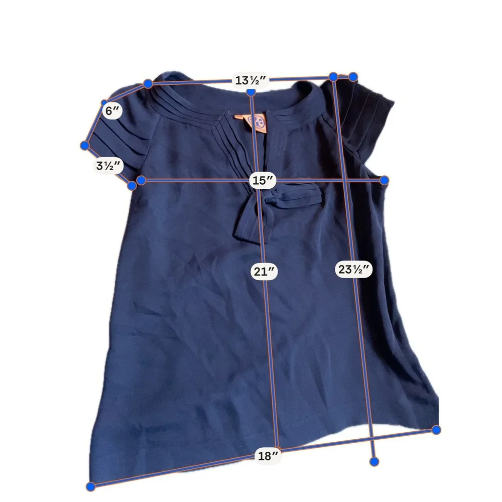 Tory Burch Silk Bow Blouse Womens 4 Navy Blue Excellent Pleated Cap Sleeve Top‎